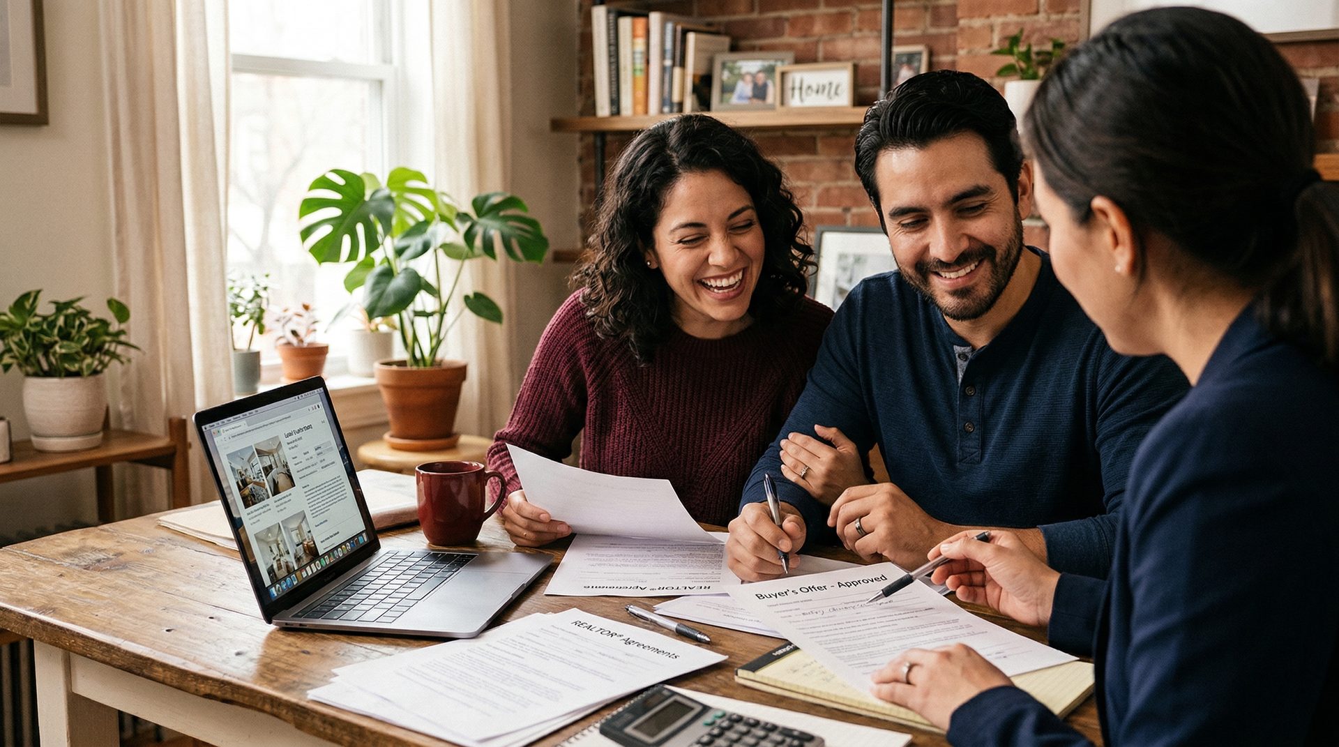 Hispanic couple in consultation with real estate agent reviewing documents