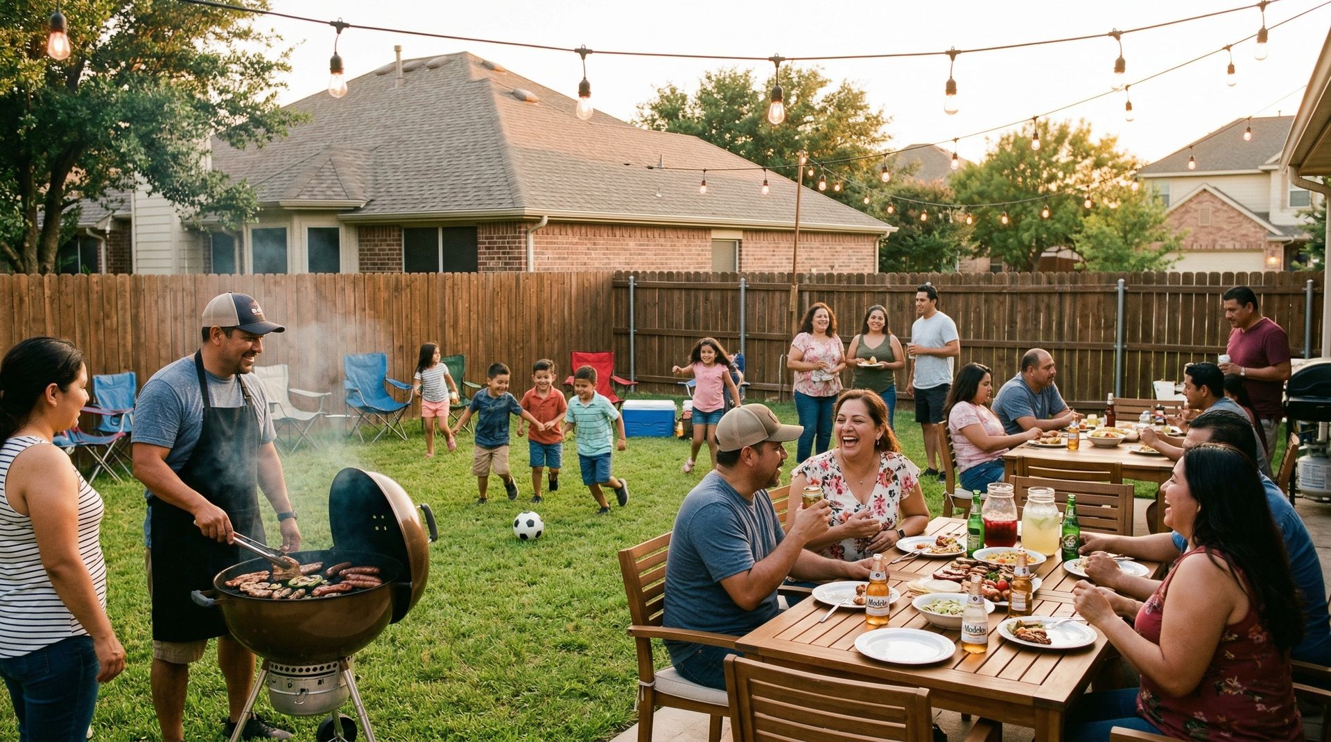 Hispanic families at a neighborhood BBQ gathering in Texas suburb