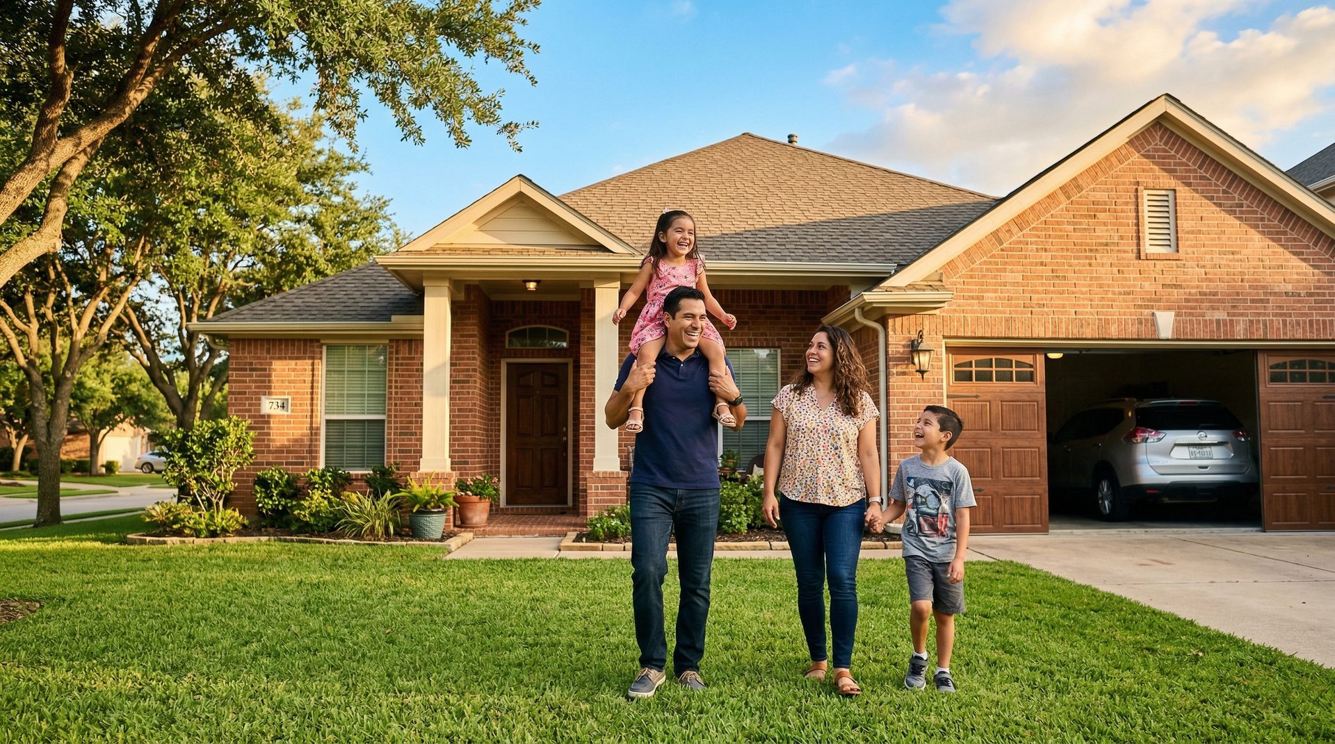 Family in front of new home